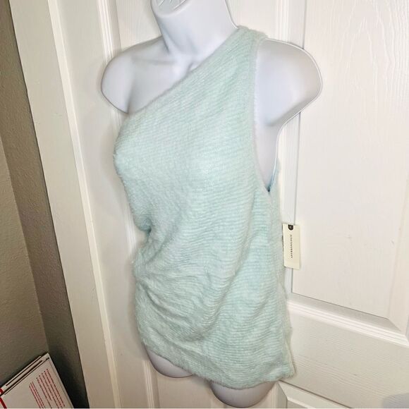 By Anthropologie One-Shoulder Eyelash Sweater Tank Sky Mint Green L NWT - Picture 9 of 13